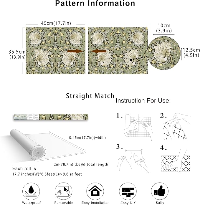 HAOKHOME Vintage Floral Wallpaper Peel and Stick Botanical Sage Green/Yellow Wall Murals Home Kitchen Bedroom Decor by William Morris 17.3in x 6.6ft