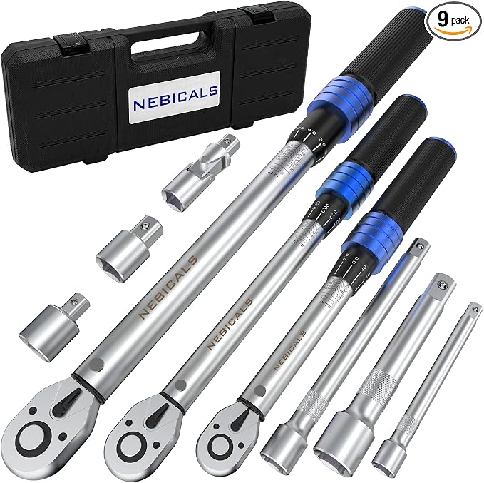 9PCS Torque Wrench Set 1/4 20-220 Inlb,3/8 5-45 &1/2 10-170 Ftlb,6 extension bar&adapter,±3% Accuracy,72 T,Dual Scale,Chrome plated, anti-rust,not scratch&wear-resistant than Black,DIY,car,bike&truck