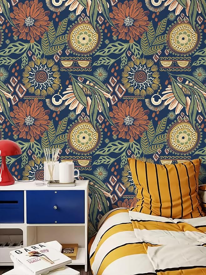 HAOKHOME Peel and Stick Wallpaper Boho Retro Floral Wall Paper Navy Orange Oliva for Bedroom Kitchen Accent Wall 17.3in x 32.8ft