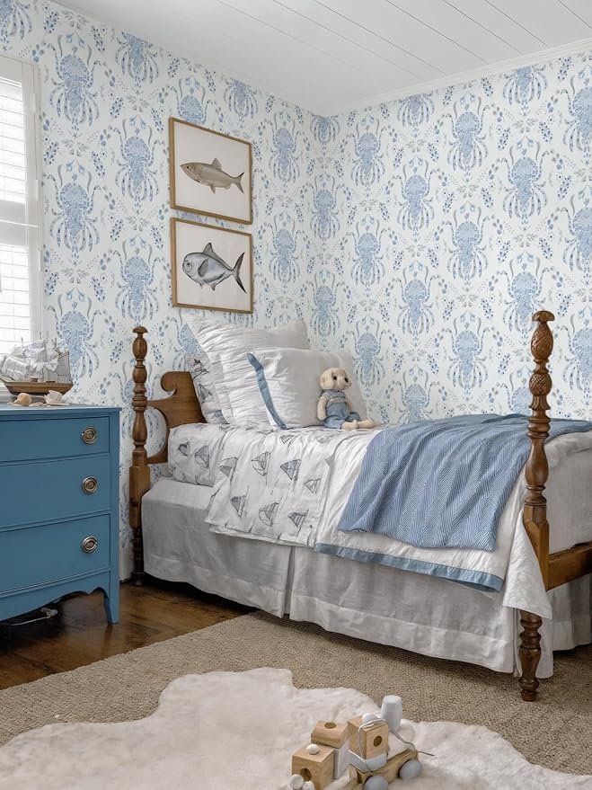 Dimoon Blue Peel and Stick Wallpaper Coastal Contact Paper Bathroom Ocean Beach Wallpaper Boho Jellyfish Renter Friendly Nautical Waterproof for Nursery Kitchen Bedroom Vinyl 17.3''x384''