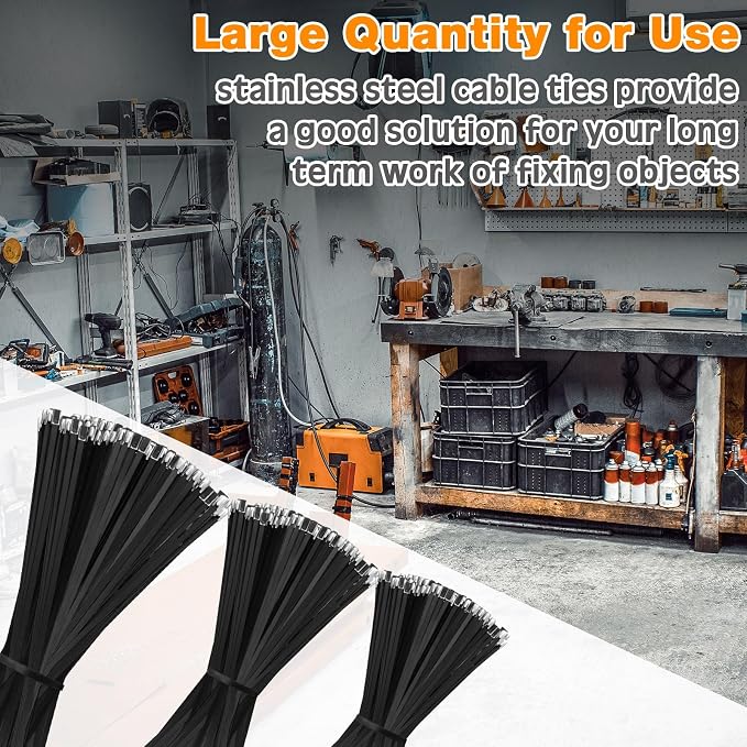 Therwen 300 Pcs Metal Zip Ties Heavy Duty 304 Stainless Steel Multi Purpose Self Locking Cable Ties for Exhaust Machinery Fence Farm Pipe Roof Outdoor (Multi Sizes)
