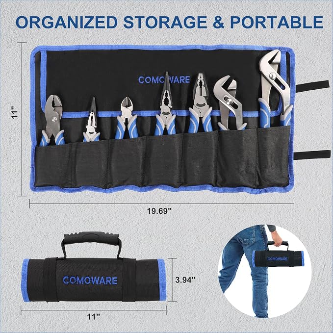 COMOWARE 7Pcs Pliers Set, Mechanic Plier with Rolling Pouch, 10", 8" Groove Joint Pliers, 8" Adjustable Wrench, 8" Linesman, 6" Long Needle Nose, 6" Slip Joint, 6" Diagonal, Roll-Up Pouch Organizer
