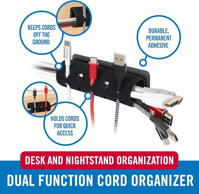 VELCRO Brand Cord Organizer for Desk & Nightstand, 5 Cable Slots with Sleeve Routing, Adhesive Wire Holder for Cord Management, Home, Workshop, Gaming & Office Essentials, Black 2 Pack