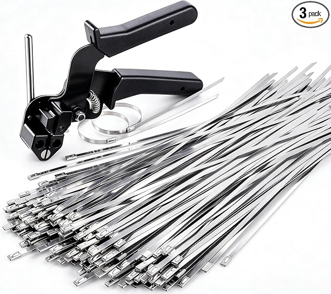 Sinlon Stainless Steel Cable Tie Gun Kit with 150Pcs Metal Zip Ties, Heavy Duty Wire Fence Tensioner and Fastener Repair Tool for Chain Link, Garden Mesh and Farm Cages