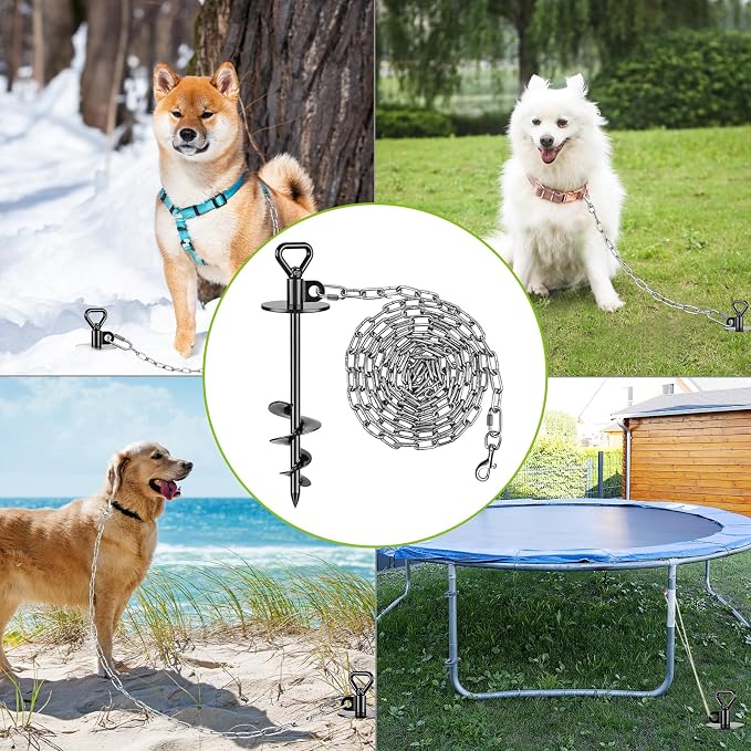 SELEWARE Dog Tie Out Stake, Dog Anchor with 30FT Stainless Steel Dog Chain | 15" Long Anti-Rust Heavy Duty Dog Stake for Large Dogs up to 100 lbs, Easy Install with Twist Rod for Yard, Camping Outside