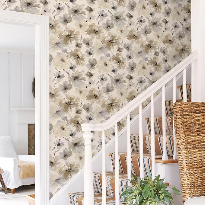 Floral Peel and Stick Wallpaper, Beige Yellow Watercolor Flower Contact Paper Peel and Stick for Bedroom Bathroom, Vintage Removable Waterproof Self Adhesive Wall Paper 800 x 17.3in, 96.2 sq.ft