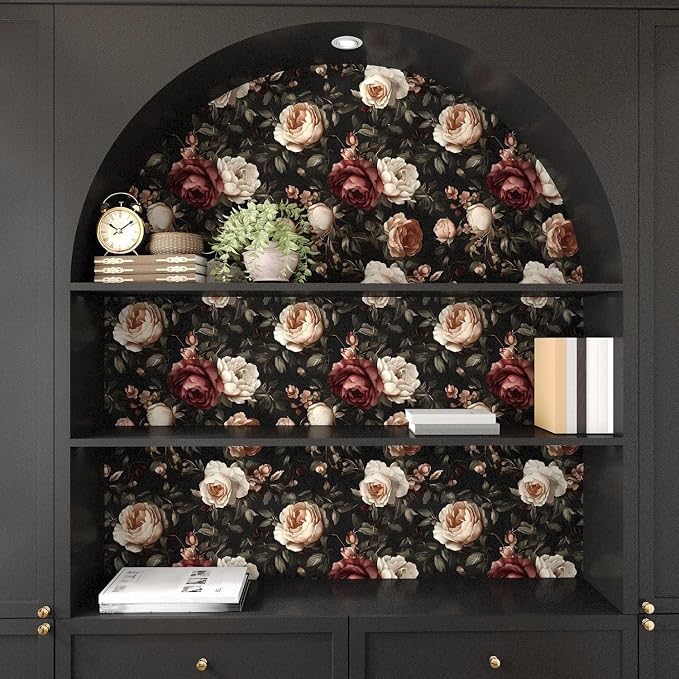 Gothic Black Red Rose Floral Wallpaper Peel and Stick 17.5"x197" | Self Adhesive/Removable/Waterproof/Thick Vinyl Vintage Contact Paper for Bathroom Bedroom Shelf Cabinet Drawer,Prepasted