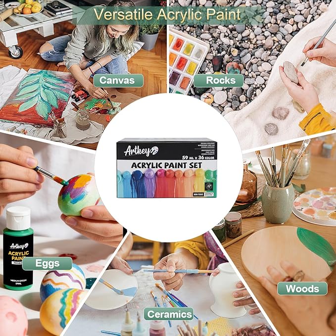 Artkey Acrylic Paint Set - 36 Colors 2 oz/59 ml Acrylic Paints Professional Artists Painting Kit for Canvases Fabric Rock Leather Easter Egg Wood Ceramic Glass Art Craft Painting
