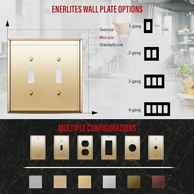 ENERLITES Dual Toggle Light Switch Metal Wall Plate, Stainless Steel Switch Cover, Corrosion Resistant, Mid-Size 2-Gang 4.88" x 4.92", Stainless Steel 201, 7712M-PB, Polished Brass (Pack of 1)