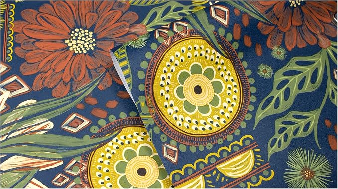 HAOKHOME Peel and Stick Wallpaper Boho Retro Floral Wall Paper Navy Orange Oliva for Bedroom Kitchen Accent Wall 17.3in x 9.8ft