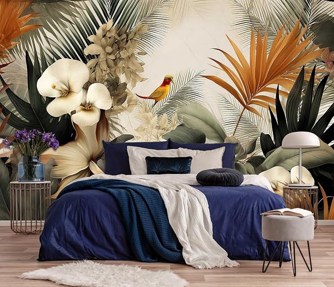 Toolhom Flower Series Mural Colorful Leaves Seamless wall Mural | 127"x77" non-self-adhesive birds resting on flowers wallpaper for bedroom, living room, bathroom background wall decoration