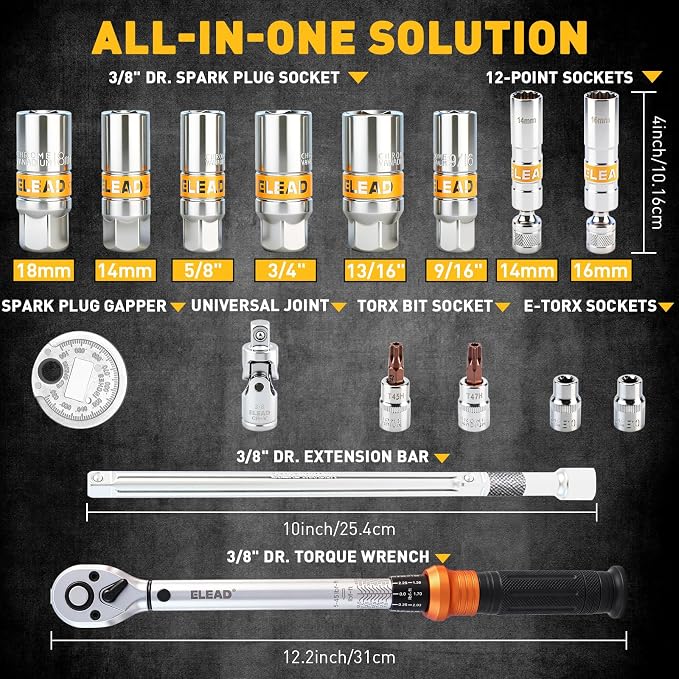 16-Piece Spark Plug Socket Set, 3/8" Drive Swivel Magnetic Spark Plug Removal Tool Kit with Torque Wrench (5–45 lb-ft), E-Torx & Torx Bit Sockets, Extensions & Universal Joint