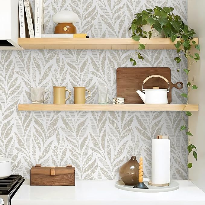 Safiyya 787"x17.3" Boho Peel and Stick Wallpaper Beige and White Wallpaper Leaf Self Adhesive Removable Wall Paper for Bathroom Bedroom Contact Paper for Walls Vinyl Roll