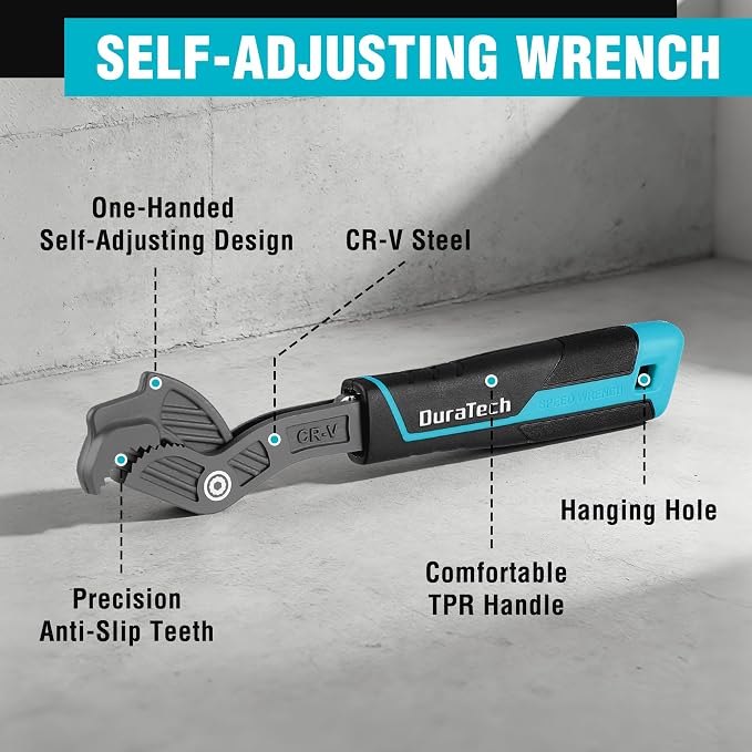 DURATECH 10-Inch Self-Adjusting Wrench, Self-Locking Pipe Wrench | Adjustable Size 9/16"-1-3/8"(15-34mm), Cr-V Steel, Non-Slip TPR Handle, For Home Repair, Mechanic and DIY Projects