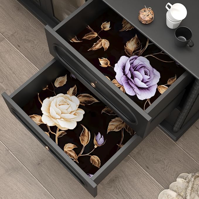 Dark Purple Gold Rose Floral Wallpaper Peel and Stick 17.5''x393'' | Self Adhesive/Removable/Waterproof/Thick Vinyl Contact Paper for Bathroom Bedroom Shelf Cabinet Drawer,Prepasted,Easy Peel