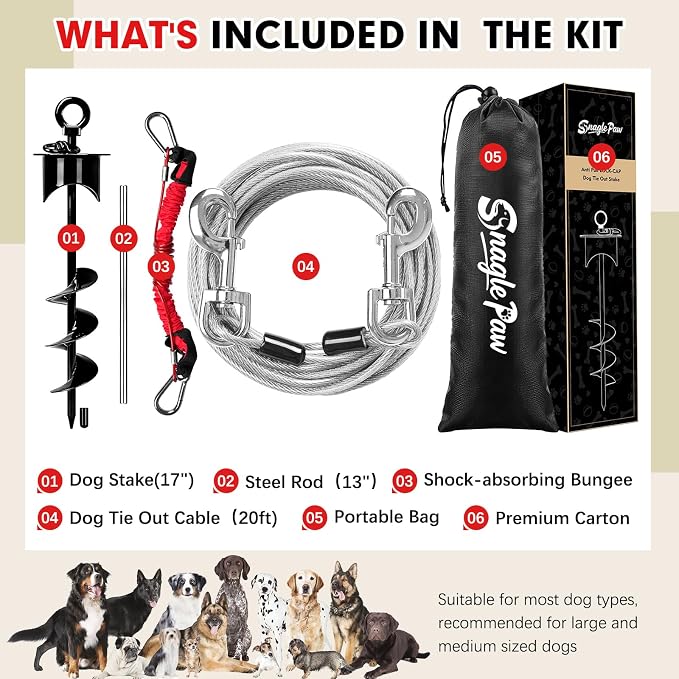 Snagle Paw Dog Tie Out Cable and Stake with Lock-Cap,Heavy Duty 20FT Dog Yard Leash & Stake with Shock Absorbing Bungee Tether,Rust Proof Ground Anchor for Yard, Beach, Camping & Outdoor,up to 360 Lbs