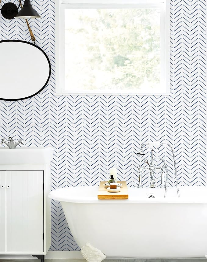 Rugreat Blue Herringbone Peel and Stick Wallpaper Modern 393inL17.3inW | Stripe Contact Paper for Cabinets Neutral Self Adhesive Removable Wallpaper for Bedroom Bathroom Waterproof Blue and White