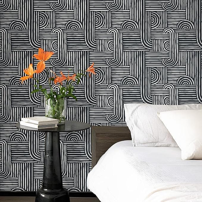 Livelynine 17.5x591 Black and White Wall Paper Peel and Stick Modern Geometric Wallpaper Removable Accent Wall Coverings Self Adhesive Mid Century Art Deco Abstract Contact Paper Waterproof Bathroom