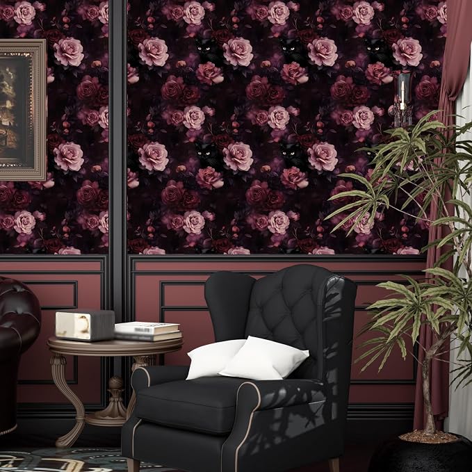 Purple Pink Vintage Cat Peel and Stick Wallpaper 17.5" x 118" | Waterproof Vinyl Self Adhesive Removable Renter Friendly Floral Contact Paper