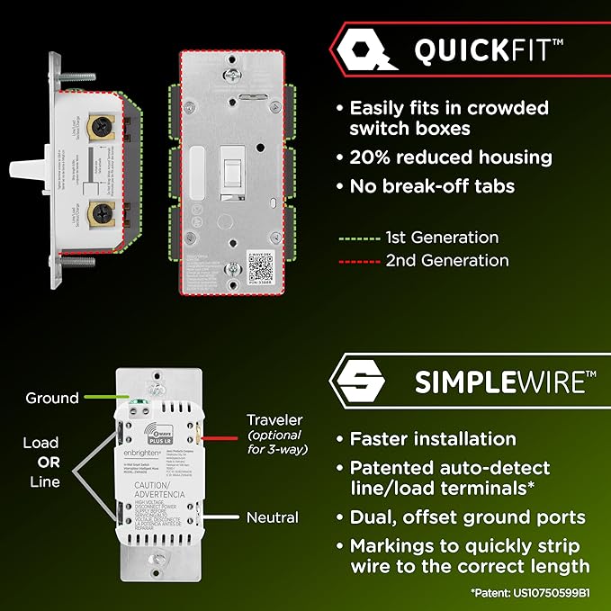 Enbrighten 800 Series Z-Wave On/Off Toggle Switch, Long Range 800LR, Quick Fit, Simple Wire, Direct 3-Way (No Add-On Switch Needed), Smart Hub Required, Compatible with Alexa, Google Home, 76592