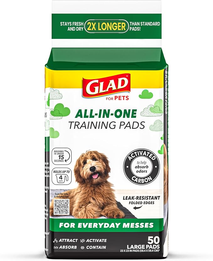 Glad for Pets Black Charcoal Puppy Pads - Super Absorbent Disposable Dog Pee Pads, Potty Training Pads, and Pet Supplies - Dog Pee Pads for Crate Training and Indoor Use 23" x 23" - 50 Count