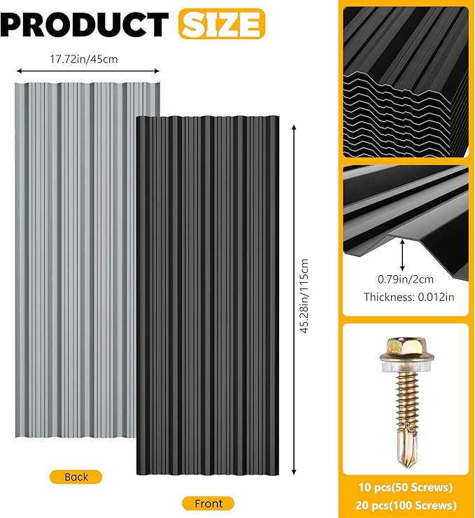 20 pcs Metal Roofing Panels - Corrugated Galvanized Roof Panels L45.28x W17.72 Inch, Waterproof Tin Roof Sheets for Garages,Sheds, Stables and Mobile Homes, Includes Screws(Black,L45.28''-20)