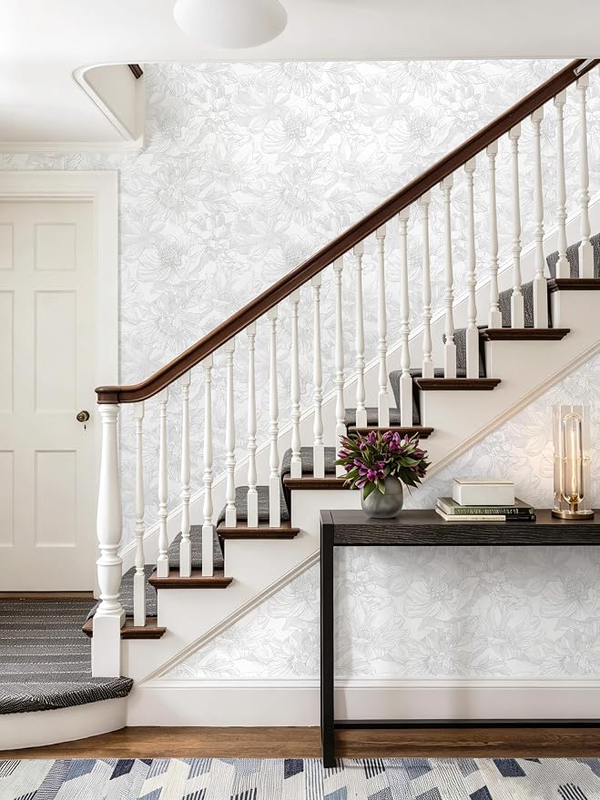 78.7"x17.3" Peel and Stick Wallpaper Floral Contact Paper Flower Modern White Gray Wallpaper Boho Removable Wall Paper Self Adhesive Contactpaper for Cabinets Drawers Bedroom Thicken Vinyl