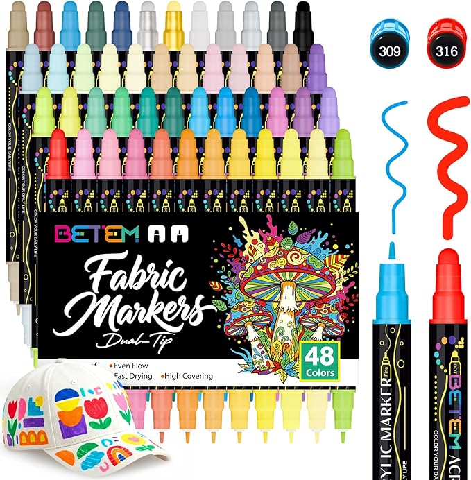 Betem 48 Colors Dual Tip Acrylic Paint Markers, Fabric Decorating Kits Premium Water-Based Acrylic Paint Pens Art Supplies for Fabric, Rock, Wood, Glass, Canvas, Ceramic, Teacher Appreciation Gift