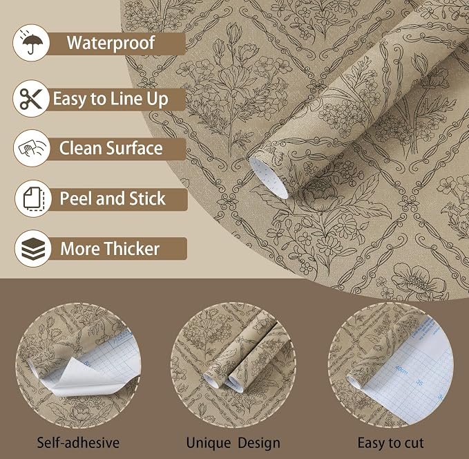 Toduso Vintage Peel and Stick Wallpaper Brown Floral Wallpaper for Kitchen Boho Neutral Contact Paper Removable Waterproof Self Adhesive Wall Paper for Bathroom Bedroom Drawer Decor Vinyl 17.3"x393.7"
