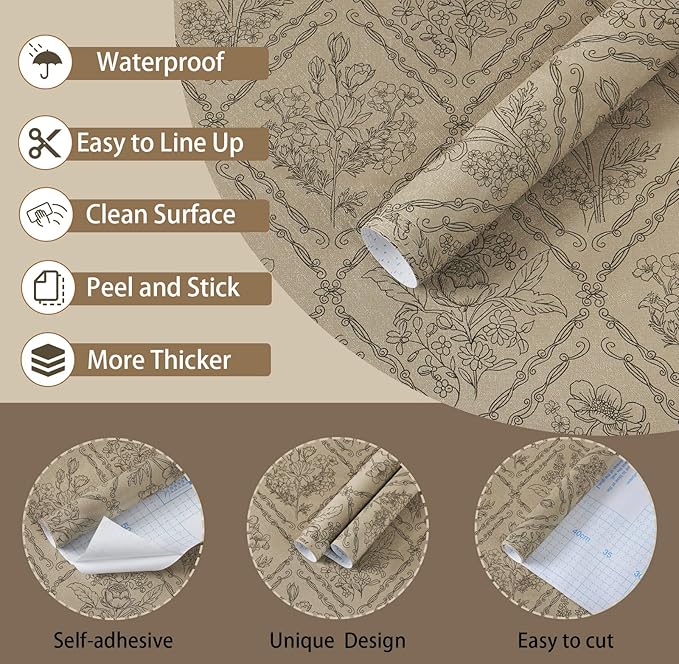 Toduso Vintage Peel and Stick Wallpaper Brown Floral Wallpaper for Kitchen Boho Neutral Contact Paper Removable Waterproof Self Adhesive Wall Paper for Bathroom Bedroom Drawer Decor Vinyl 17.3"x78.7"