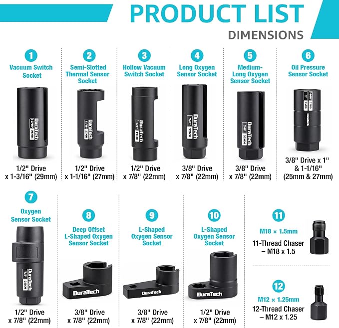 DURATECH 12PCS O2 Oxygen Sensor Socket Set with Storage Case | 22mm, 27mm, 29mm, 7/8" and 1-1/16" Sockets, 3/8" & 1/2" Drive, Thread Chasers