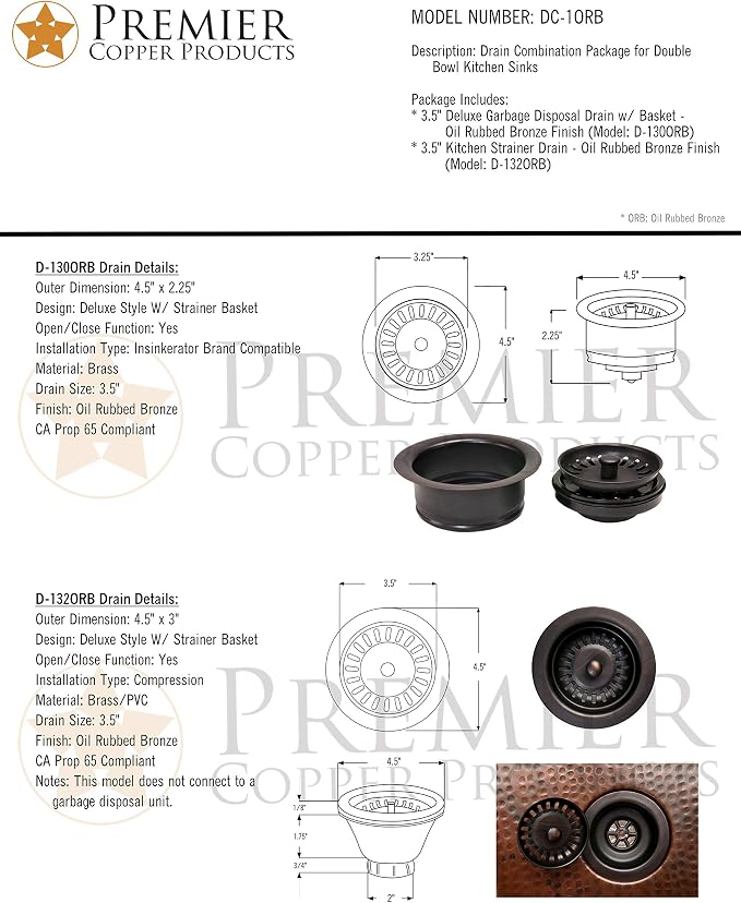 Premier Copper Products DC-1ORB Drain Combination Package for Double Bowl Kitchen Sinks, Oil Rubbed Bronze