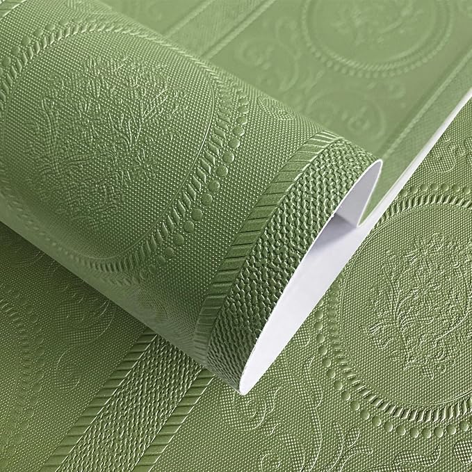 Green 3D Embossed Textured Peel Stick Wallpaper 17.3"x400" | Removable Renter Friendly Contact Paper, Waterproof Self Adhesive Wallpaper for Bedroom, Bathroom, Decor,48 sq.