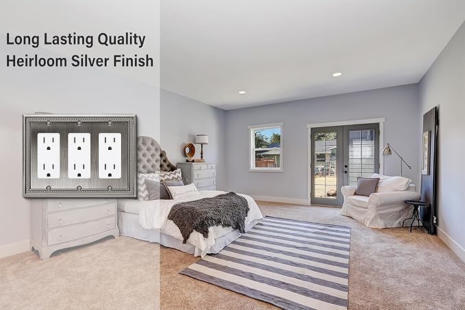 Henne Bery Sunken Pearls Heavy Duty Decorative Wall Plate Switch Plate Outlet Cover (Triple Decorator, Heirloom Silver)
