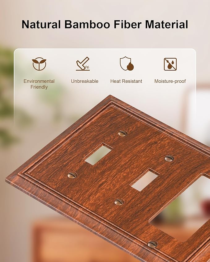 2-Pack Combo Double Toggle/Decorator Outlet Cover Plate, Wood Grain Decorative Switch Plates and Outlet Covers, Durable Natural Bamboo Fiber Wall Plates for Electrical Outlets, Receptacle, GFCI Outlet