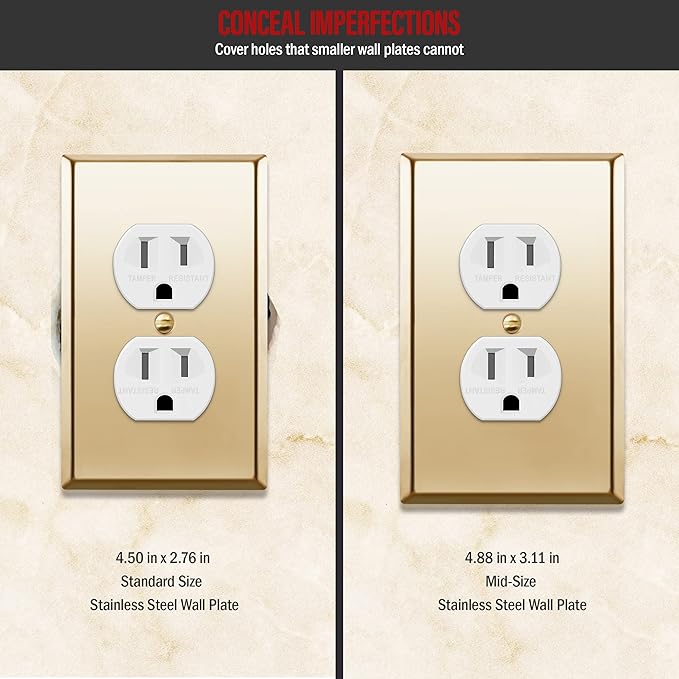 ENERLITES Duplex Receptacle Metal Wall Plate, Stainless Steel Outlet Cover, Corrosion Resistant, Mid-Size 1-Gang 4.88" x 3.11", Stainless Steel 201, 7721M-PB, Polished Brass