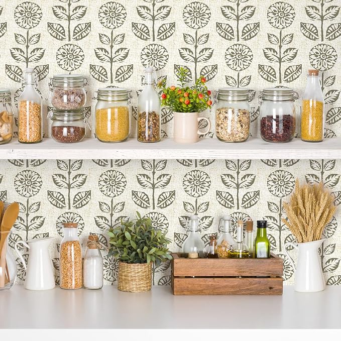 Wudnaye Floral Peel and Stick Wallpaper Vintage Tulip Floral Wallpaper 17.7in×118.1in Flower Farmhouse Contact Paper Peel and Stick Neutral Self Adhesive Removable Vinyl Wall Paper for Kitchen Bedroom