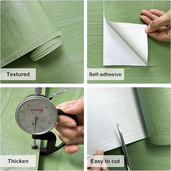 Green 3D Embossed Textured Peel Stick Wallpaper 17.3"x1200" | Removable Renter Friendly Contact Paper, Waterproof Self Adhesive Wallpaper for Bedroom, Bathroom, Decor,144 sq.