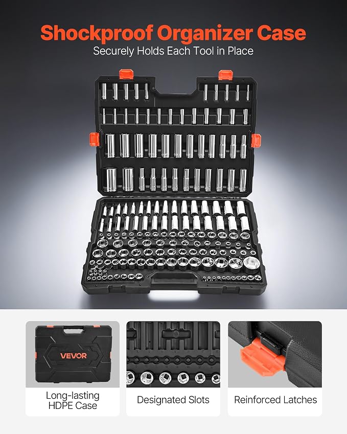 VEVOR Socket Set, 163 Pieces, 3/8 & 1/4 & 1/2 inch Drive Socket Tool Set, SAE and Metric, Deep and Standard, Mechanic Tool Kit with Storage Case, Chrome Plated CR-V Alloy Steel, for Automotive Repair