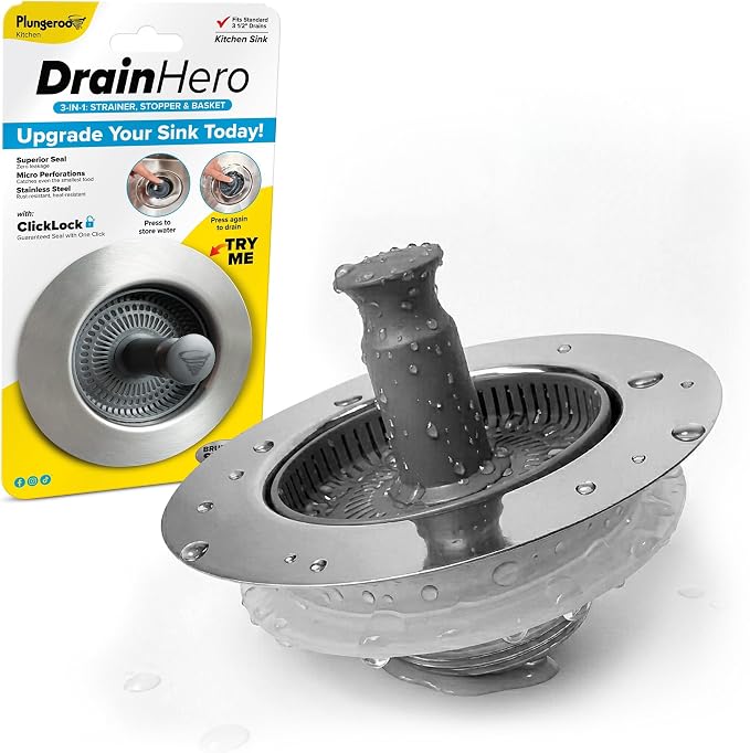 Drain Hero 3-in-1 Kitchen Sink Strainer, Stopper, & Basket | ClickLock Technology | Universal Fit 3.5" Drain Protector | Rust-Proof Stainless Steel