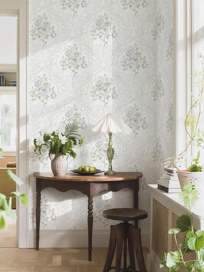 Ismoon Vintage Peel and Stick Wallpaper Floral Contact Paper Boho White and Grey Watercolor Damask Wallpaper Textured Removable Self Adhesive Vinyl Wall Paper for Bedroom, 17.3 in X 32.75ft