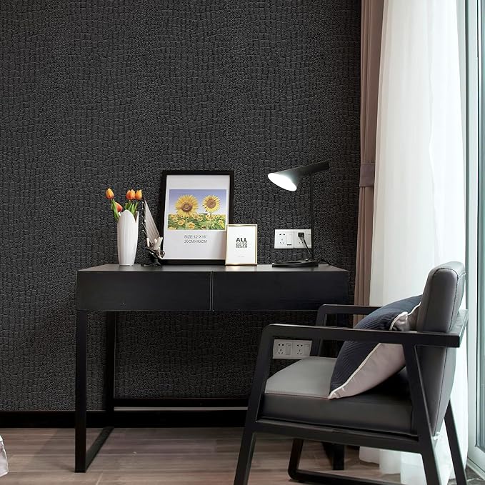 Zeeko Black Peel and Stick Wallpaper 23.6" x 120" Removable Crocodile Wallpaper Embossed Contact Paper Textured Wall Paper for Cabinet Bedroom Bathroom