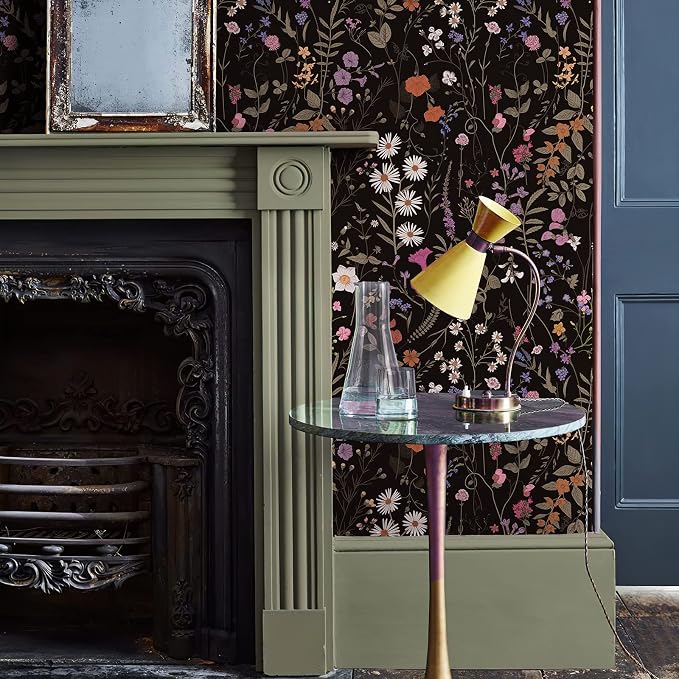 Wallpaper Self-Adhesive Blooming Vintage Colourful Flowers Wall Paper for Bedroom Living Room Cabinet, Peel and Stick Beige Sketch Little Flowers Wallpaper Mural 25.8sq. feet (236.2"x17.3", Black)