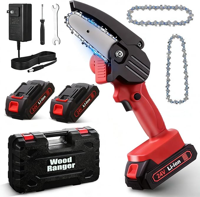 Wood Ranger Mini Chainsaw, Electric 4 inch MINI Chainsaw, Cordless Portable Electric Chain Saw for Yard, Home and Garden, Wood Cutting, Tree Trimming (2Battery&3Chain)