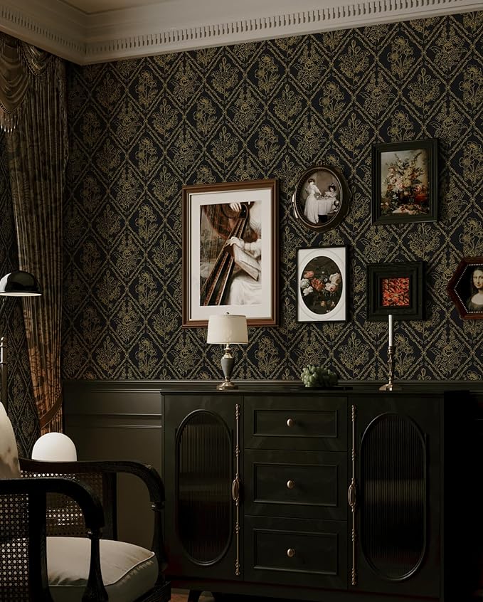 Toduso Peel and Stick Wallpaper Vintage Wall Paper Boho Contact Paper Black and Gold Floral Removable Wallpaper for Bathroom Bedroom Flower Waterproof Self Adhesive Vinyl Drawer Decor 17.3"x196.8"