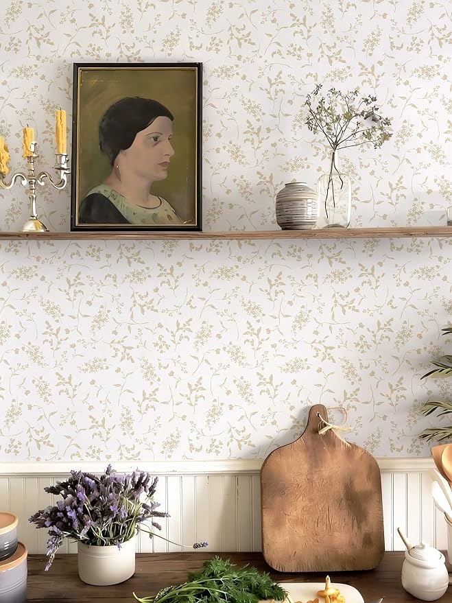 Ismoon Floral Wallpaper Peel and Stick Beige Neutral Contact Paper Wildflowers Leaf Stick on Wall Paper Textured Removable Self Adhesive Vinyl Wallpaper for Bedroom Bahtroom Wall Decor 17.3x78.7in