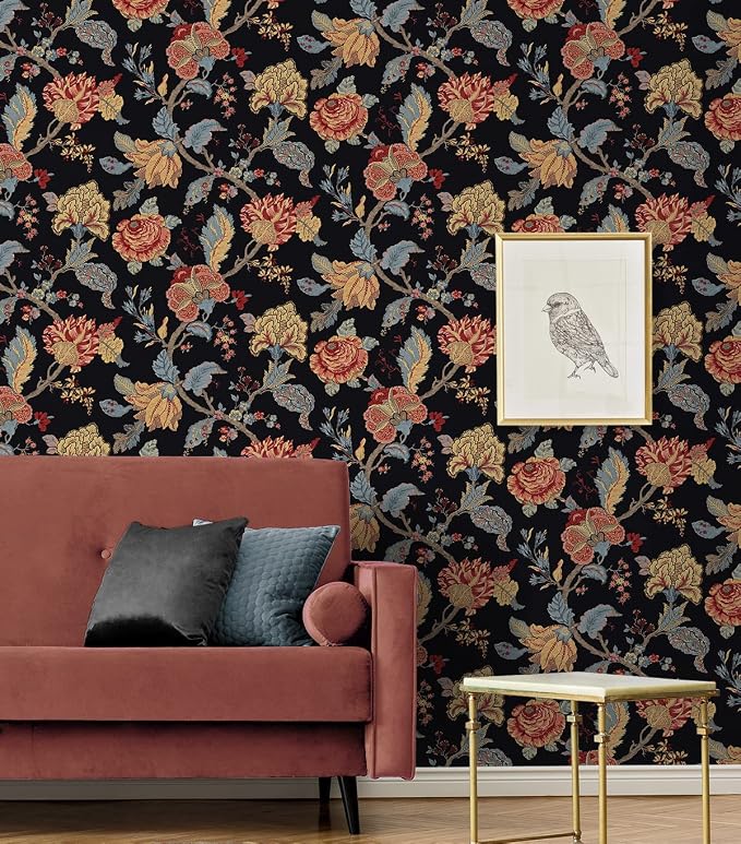 NextWall Kianna Jacobean Floral Peel and Stick Wallpaper (Ebony)