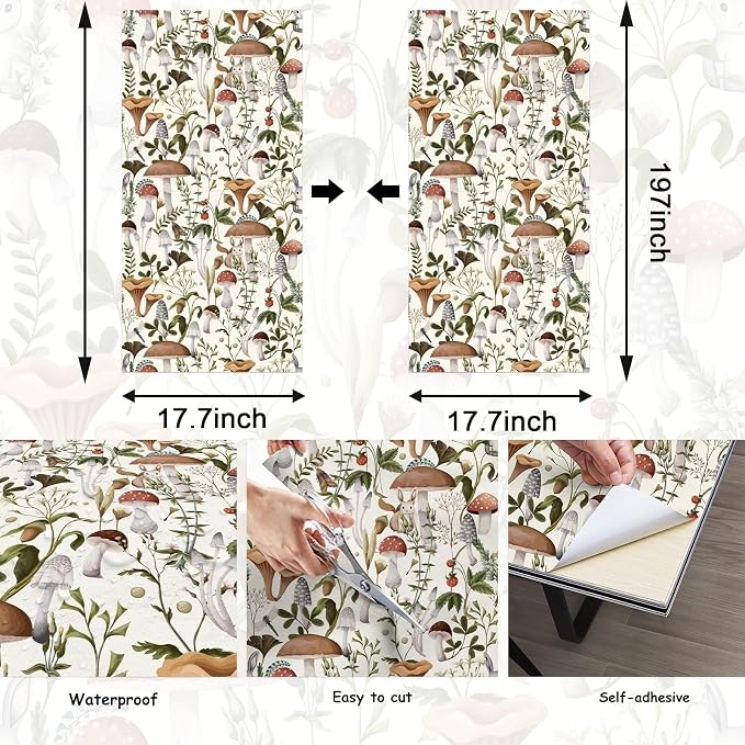 Mushroom Wallpaper Peel and Stick Vintage Contact Paper 17.7"×197" | Self Adhesive Wallpaper Removable Beige Forest Boho Contact Paper for Cabinets Kitchen Leaf Wallpapers Waterproof Vinyl