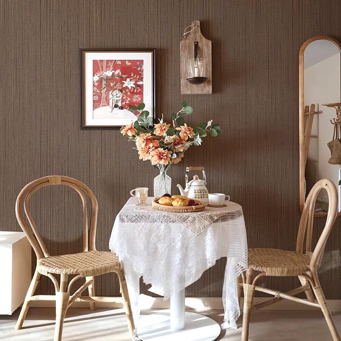 Brown Grasscloth Peel and Stick Wallpaper - 15.7"x120" Vintage Texture Removable Waterproof Wall Paper for Room Walls, Cabinets, Furniture, Drawers, Desk