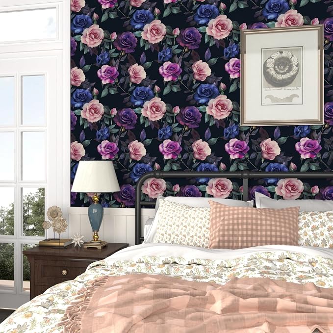 Gothic Purple Floral Wallpaper Peel and Stick 17.5" × 118" | Self Adhesive/Removable/Waterproof/Thick Vinyl Contact Paper for Bathroom Bedroom Shelf Cabinet Drawer,Prepasted,Easy Peel